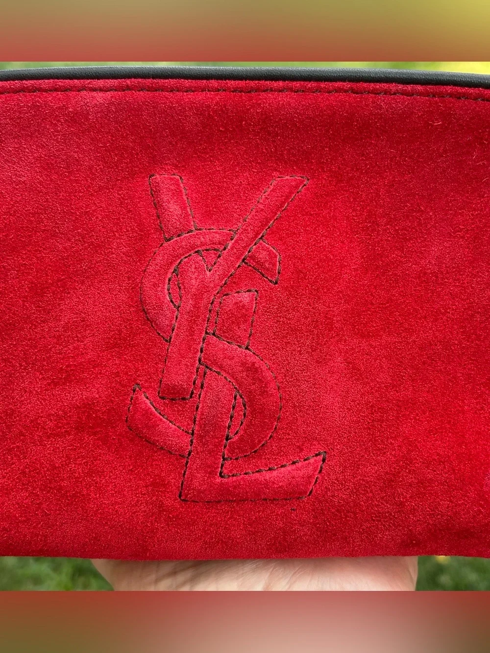 Vintage YSL Yves Saint Laurent Red Suede Cosmetic Makeup Bag Pouch Wristlet